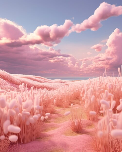 Pink nature landscape with vegetation