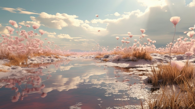 Pink nature landscape with vegetation