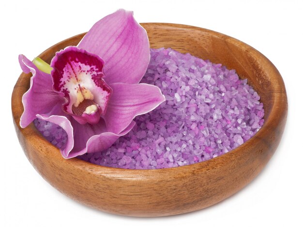 Pink orchid flower and lavender salt