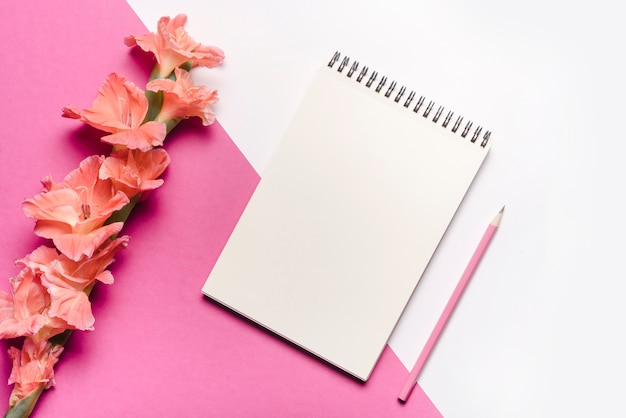 Pink pencil; blank spiral notepad with beautiful flowers on pink and white dual background