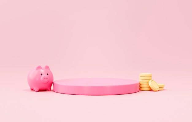 Free photo pink piggy bank and podium pedestal product display stand savings concept on pink background illustration 3d rendering