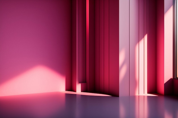 A pink room with a window and a light on the wall