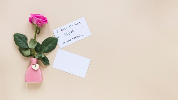 Pink rose in vase with I have the best Mom in the world inscription 