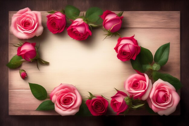 Pink roses on a wooden background