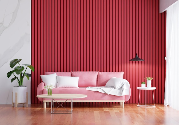 Free Photo pink sofa in red living room with copy space