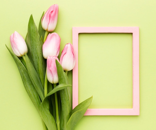 Pink tulips with frame beside