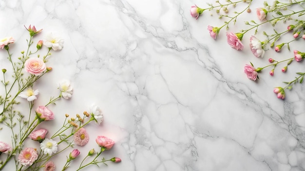 Free photo pink and white flowers on white marble background