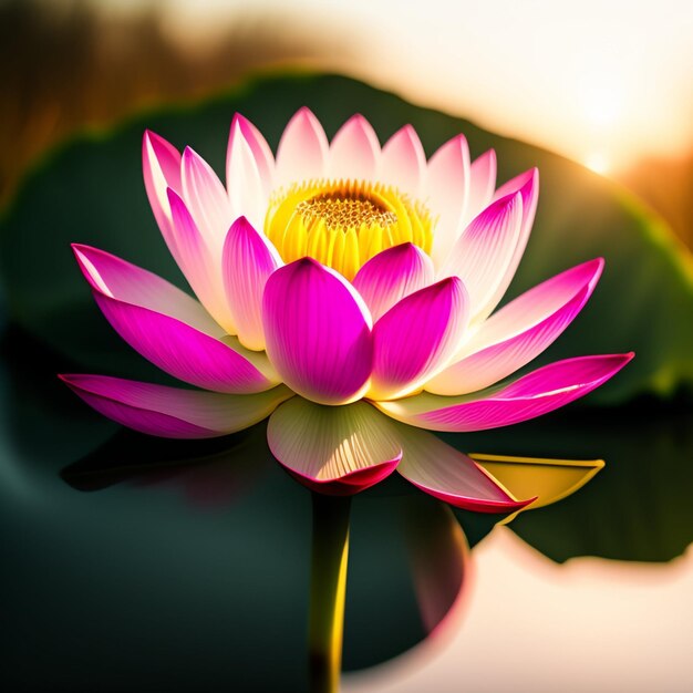 A pink and white lotus flower is in the water.