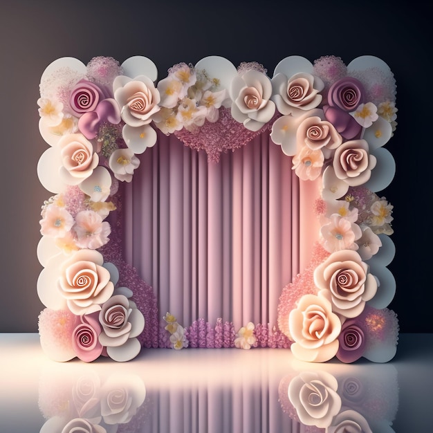 Free photo a pink and white paper photo frame with flowers on it.