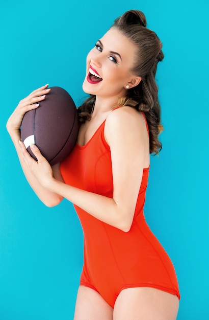 Pinup woman in red swimsuit