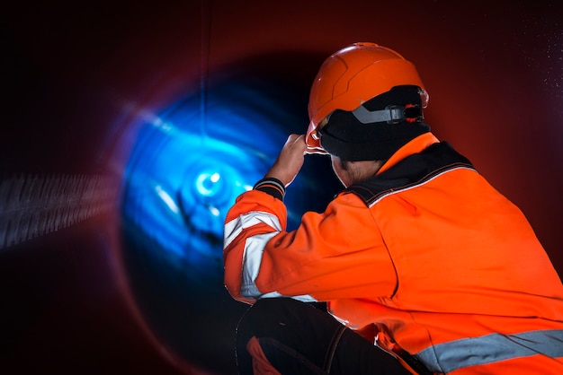 Free photo pipeline construction worker in reflective protective uniform inspecting pipe tube for natural gas distribution