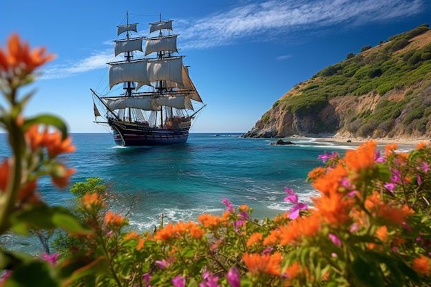 Free photo pirate ship sailing on the sea