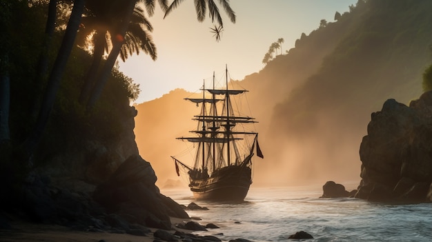 Free photo pirate ship sailing on the sea