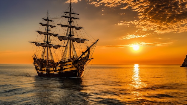 Pirate ship sailing on the sea