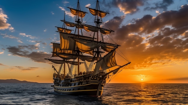 Pirate ship sailing on the sea