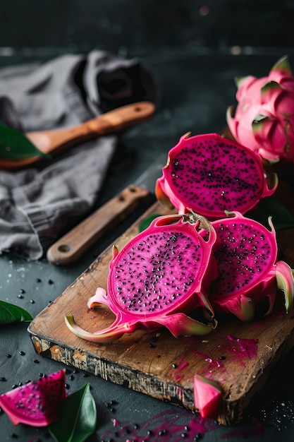 Free photo pitahaya or dragon fruit still life in cinematic dark style