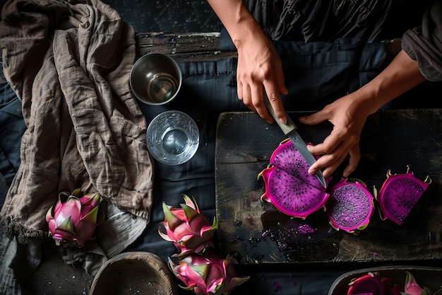 Free photo pitahaya or dragon fruit still life in cinematic dark style