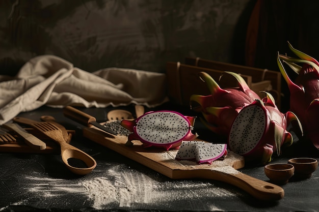 Pitahaya or dragon fruit still life in cinematic dark style