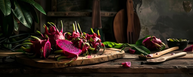 Pitahaya or dragon fruit still life in cinematic dark style