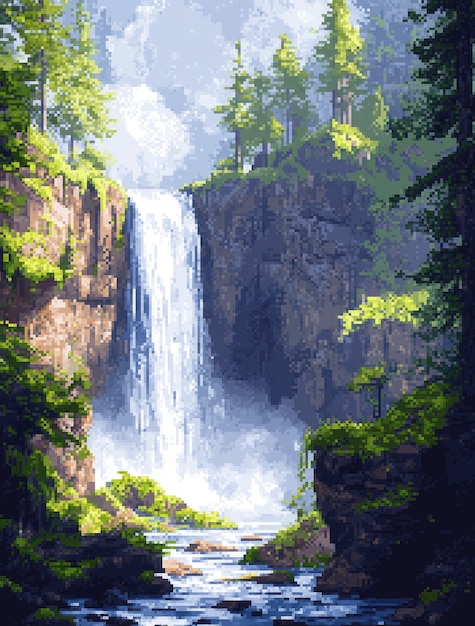 Pixel art river landscape illustration