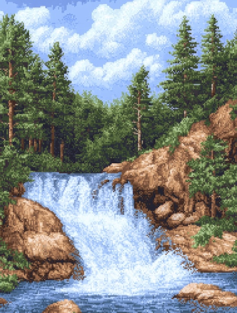 Pixel art river landscape illustration