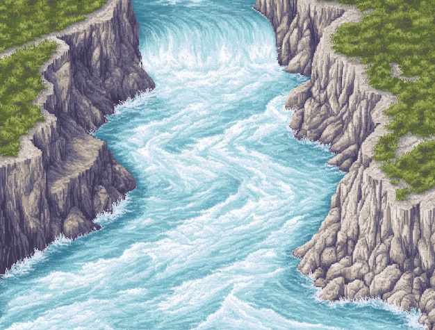 Pixel art river landscape illustration