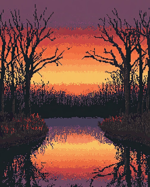 Pixel art river landscape illustration