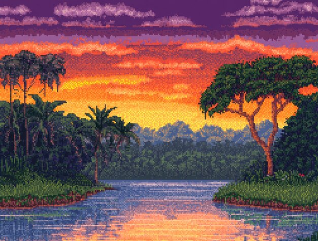 Pixel art river landscape illustration