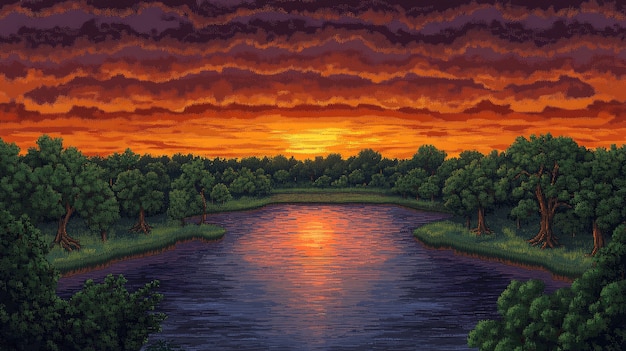 Pixel art river landscape illustration