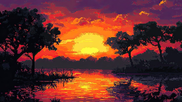 Pixel art river landscape illustration