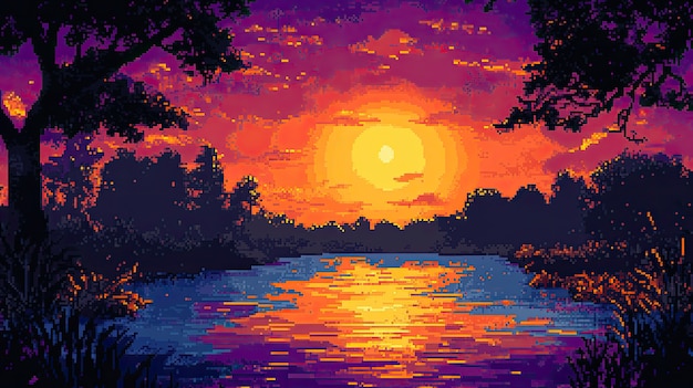 Pixel art river landscape illustration