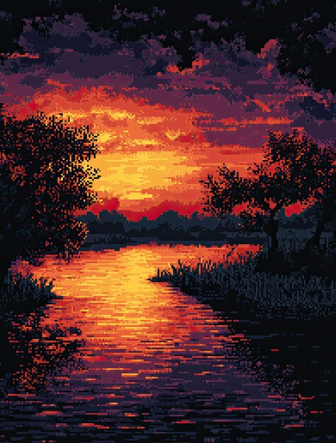 Pixel art river landscape illustration