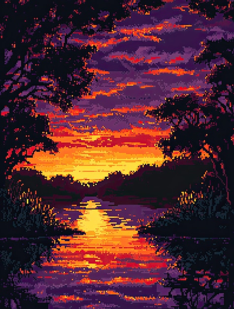 Pixel art river landscape illustration