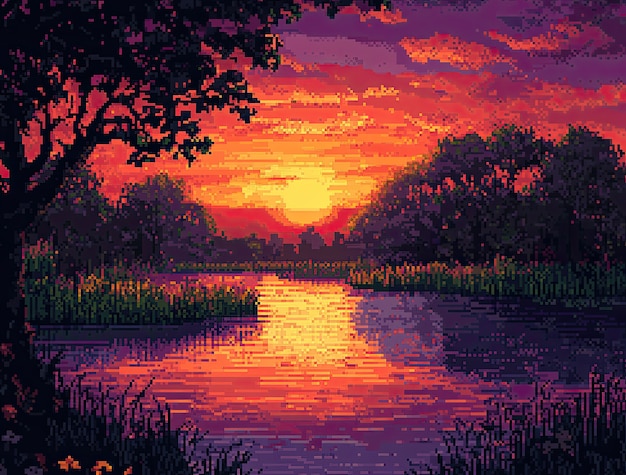 Pixel art river landscape illustration