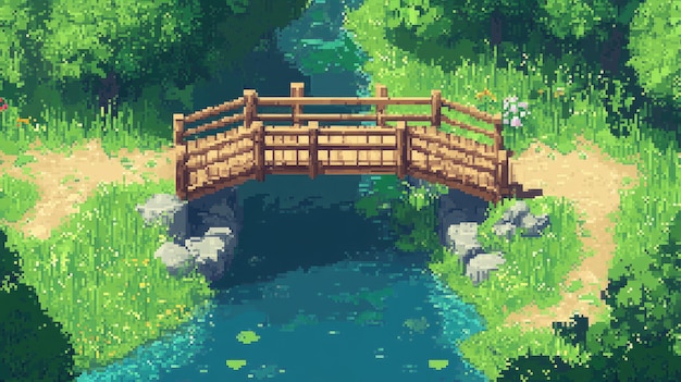 Pixel art river landscape illustration