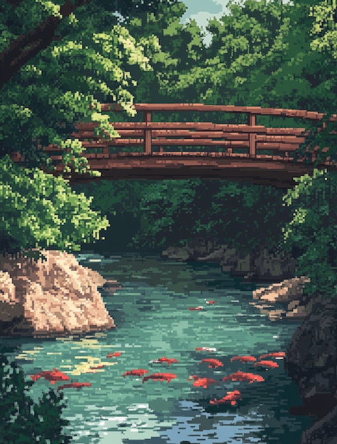 Pixel art river landscape illustration