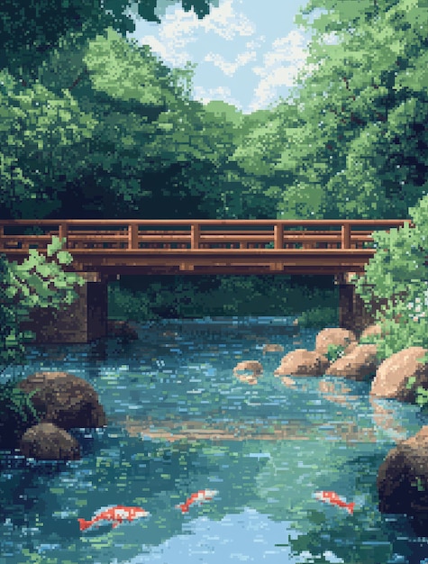 Pixel art river landscape illustration