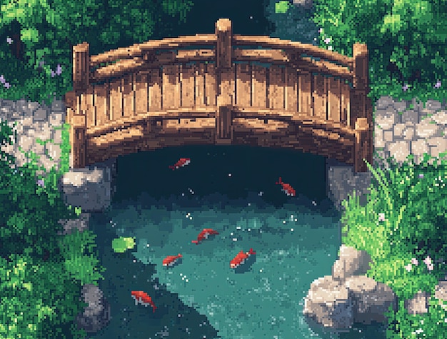 Pixel art river landscape illustration