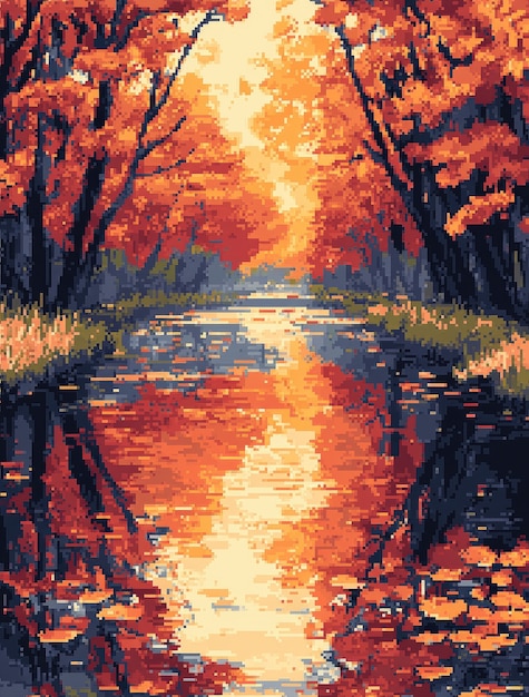 Pixel art river landscape illustration