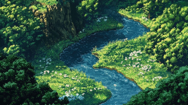 Free photo pixel art river landscape illustration