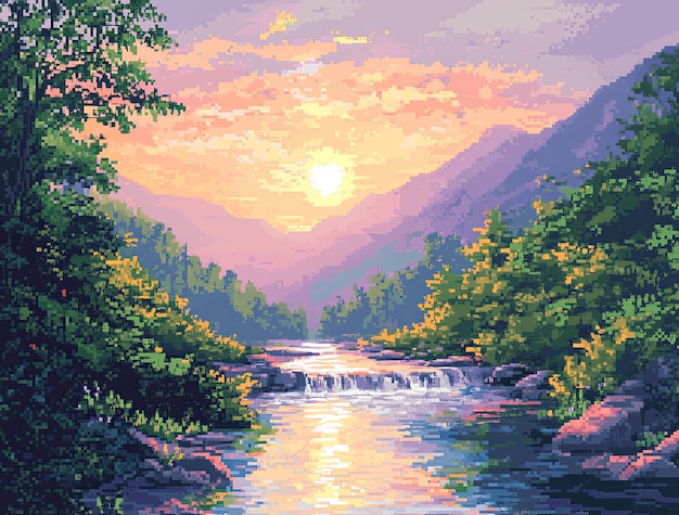 Free photo pixel art river landscape illustration