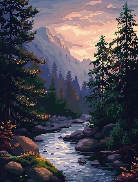 Free photo pixel art river landscape illustration