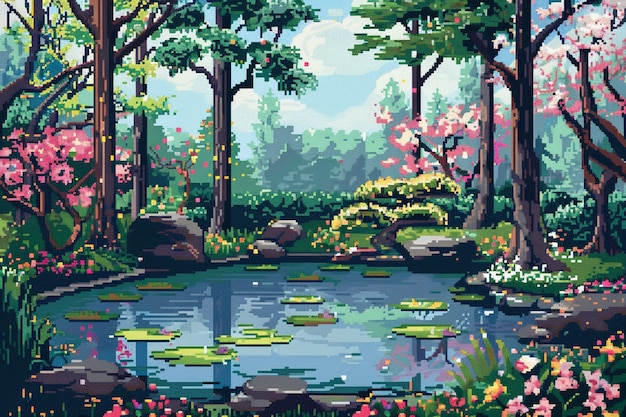 Pixel art style floral garden illustration