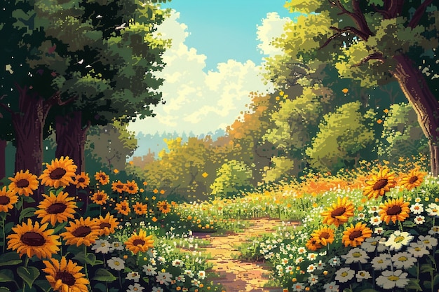 Pixel art style floral garden illustration