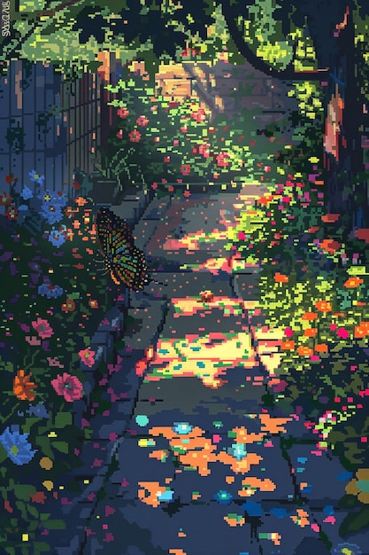 Free photo pixel art style floral garden illustration