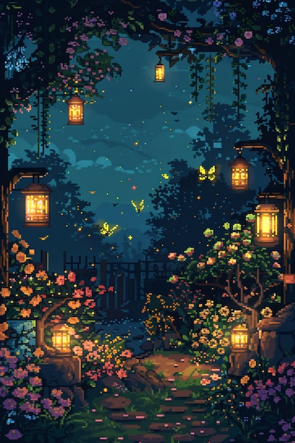 Pixel art style floral garden illustration