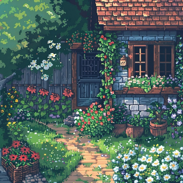 Free Photo pixel art style floral garden illustration