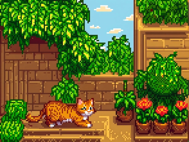 Pixel art style scene with adorable pet cat