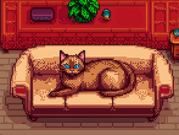 Pixel art style scene with adorable pet cat