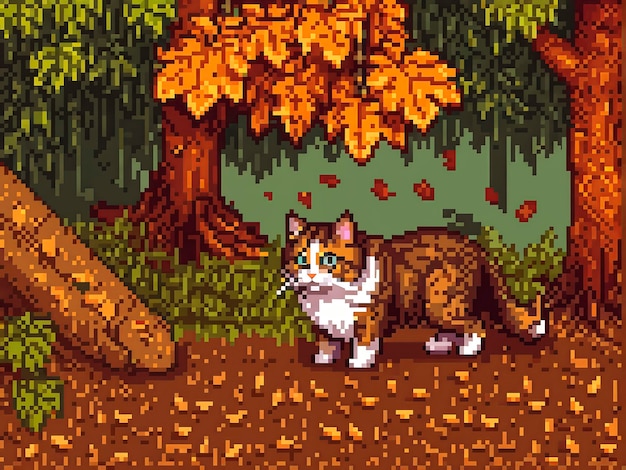 Pixel art style scene with adorable pet cat